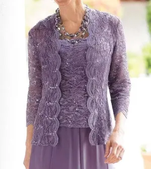 2 Piece Mother of The Bride Dresses with Jacket Lace Applique Chiffon Long Formal Evening Gowns with Sleeves
