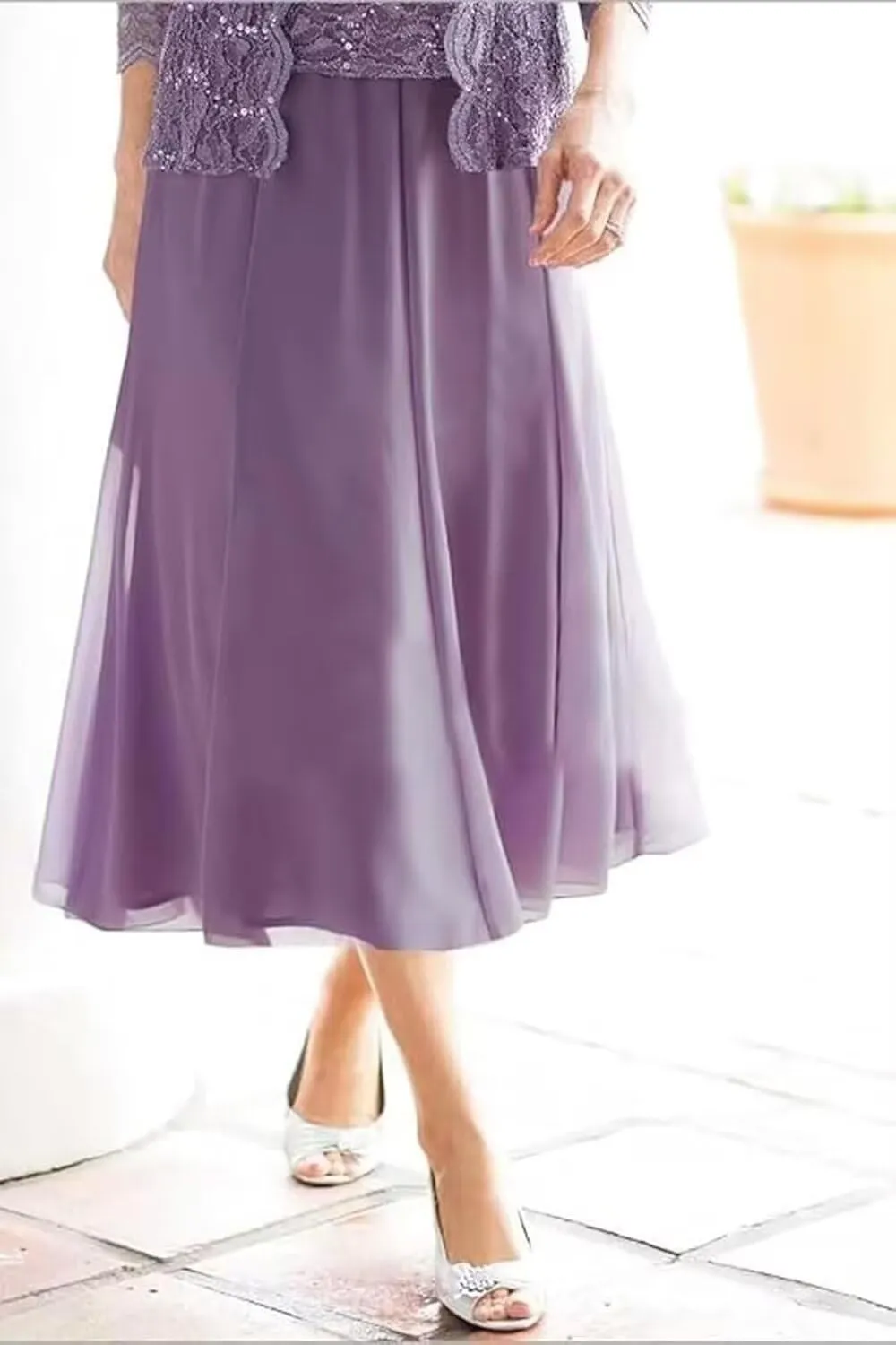 2 Piece Mother of The Bride Dresses with Jacket Lace Applique Chiffon Long Formal Evening Gowns with Sleeves