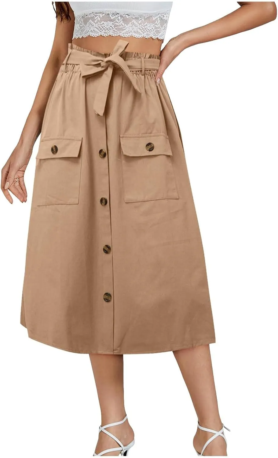 2024 Women's Skirts Summer New Literary Solid Color Button Midi Skirt Women's Woman Elastic Waist Cotton Linen A