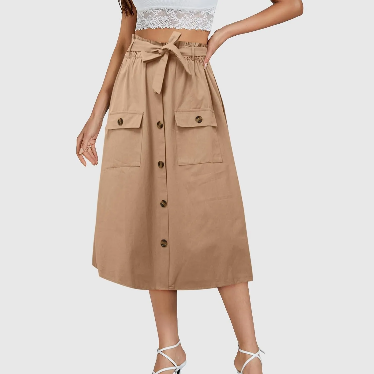 2024 Women's Skirts Summer New Literary Solid Color Button Midi Skirt Women's Woman Elastic Waist Cotton Linen A