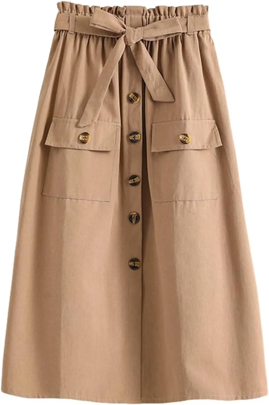 2024 Women's Skirts Summer New Literary Solid Color Button Midi Skirt Women's Woman Elastic Waist Cotton Linen A