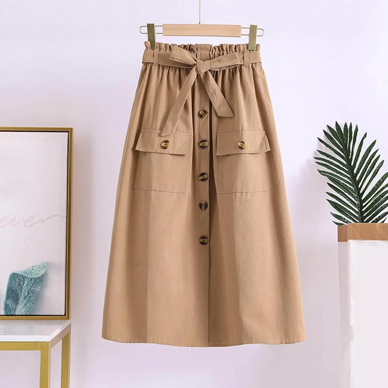 2024 Women's Skirts Summer New Literary Solid Color Button Midi Skirt Women's Woman Elastic Waist Cotton Linen A