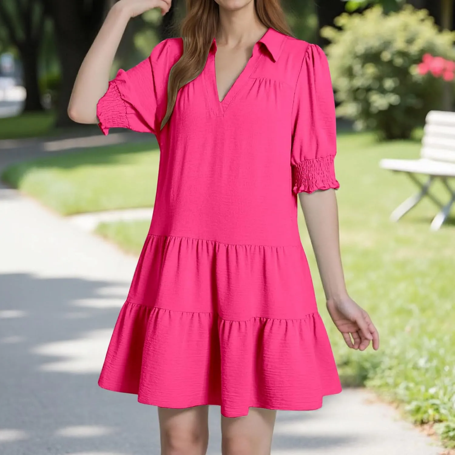 2025 Casual Dresses for Women Lapel Collared V Neck Mid Sleeved Pleated Summer Midi Dresses
