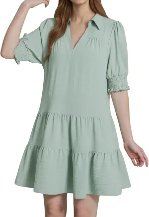 2025 Casual Dresses for Women Lapel Collared V Neck Mid Sleeved Pleated Summer Midi Dresses
