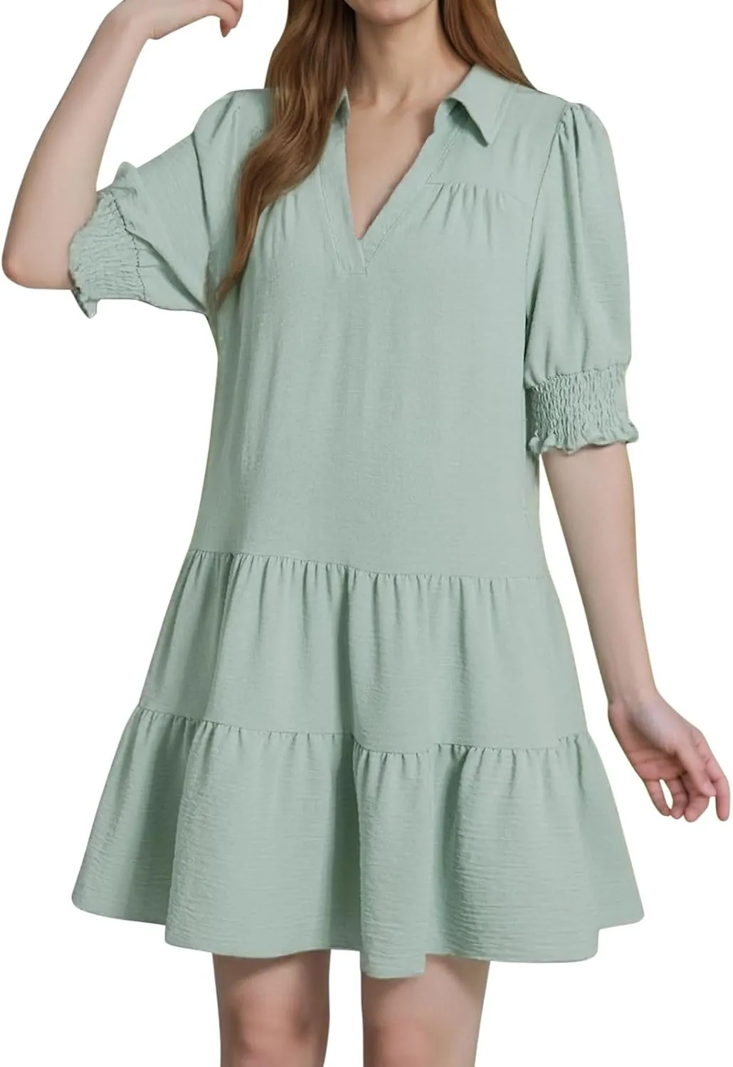 2025 Casual Dresses for Women Lapel Collared V Neck Mid Sleeved Pleated Summer Midi Dresses