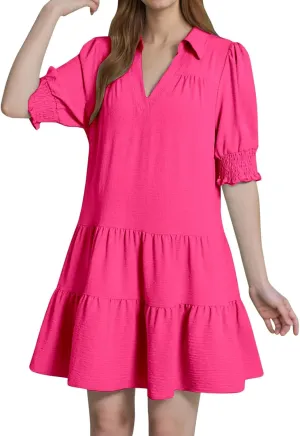 2025 Casual Dresses for Women Lapel Collared V Neck Mid Sleeved Pleated Summer Midi Dresses