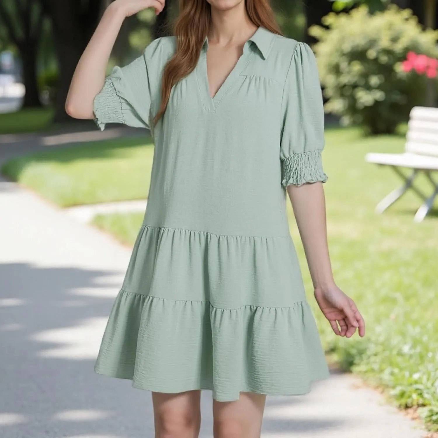 2025 Casual Dresses for Women Lapel Collared V Neck Mid Sleeved Pleated Summer Midi Dresses