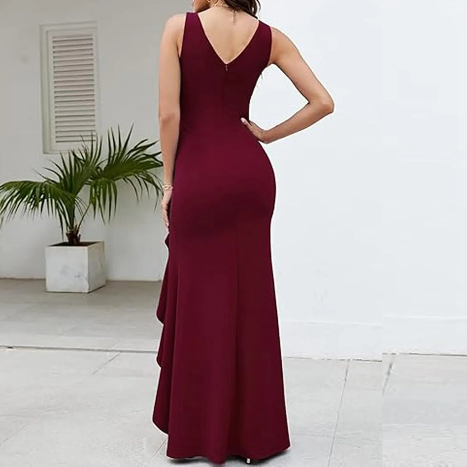 2025 Women's Spring Summer V-Neck Wrap Maxi Dress Sleeveless Ruched Ruffle Sundress for Wedding Guest, Graduation, Party