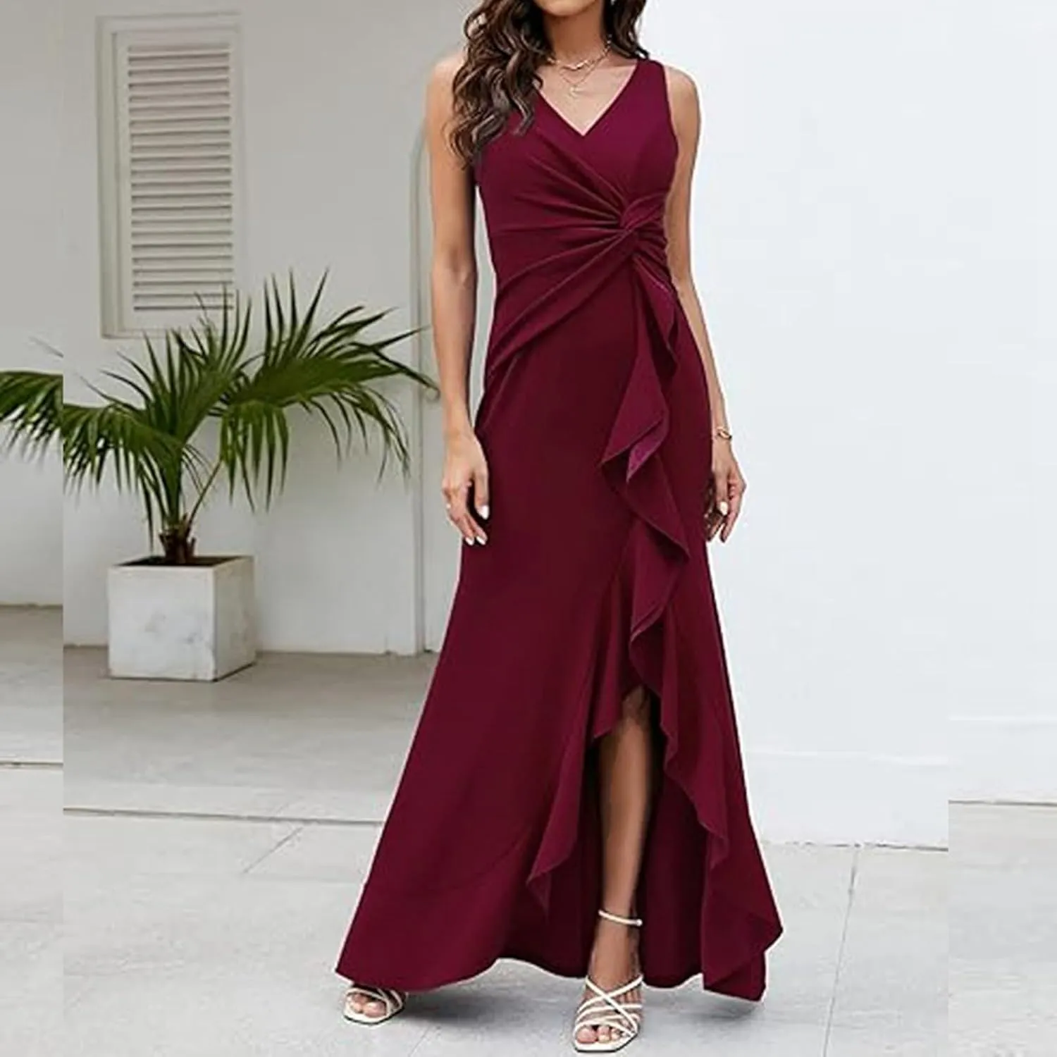2025 Women's Spring Summer V-Neck Wrap Maxi Dress Sleeveless Ruched Ruffle Sundress for Wedding Guest, Graduation, Party