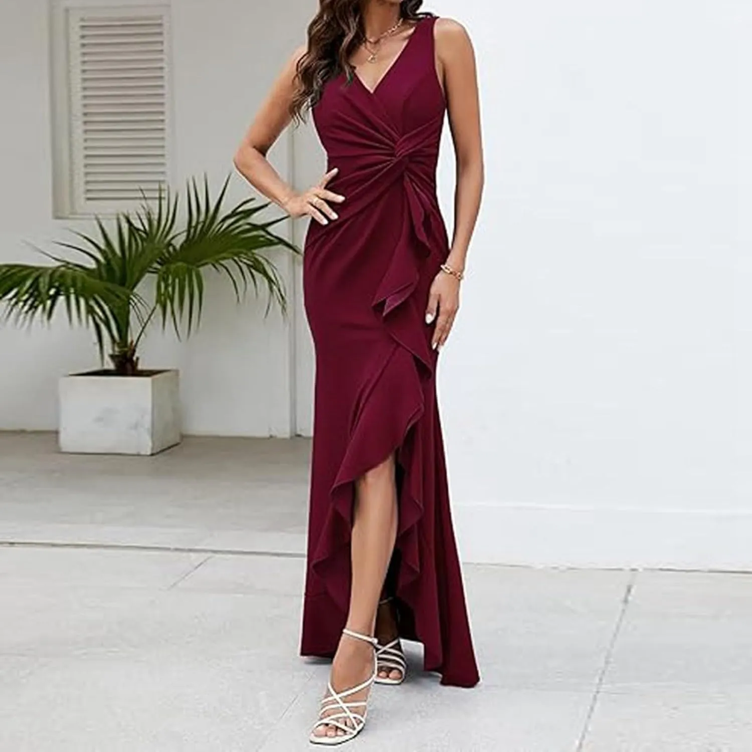 2025 Women's Spring Summer V-Neck Wrap Maxi Dress Sleeveless Ruched Ruffle Sundress for Wedding Guest, Graduation, Party