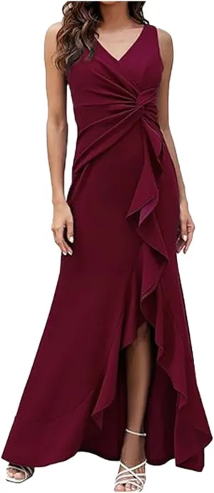 2025 Women's Spring Summer V-Neck Wrap Maxi Dress Sleeveless Ruched Ruffle Sundress for Wedding Guest, Graduation, Party