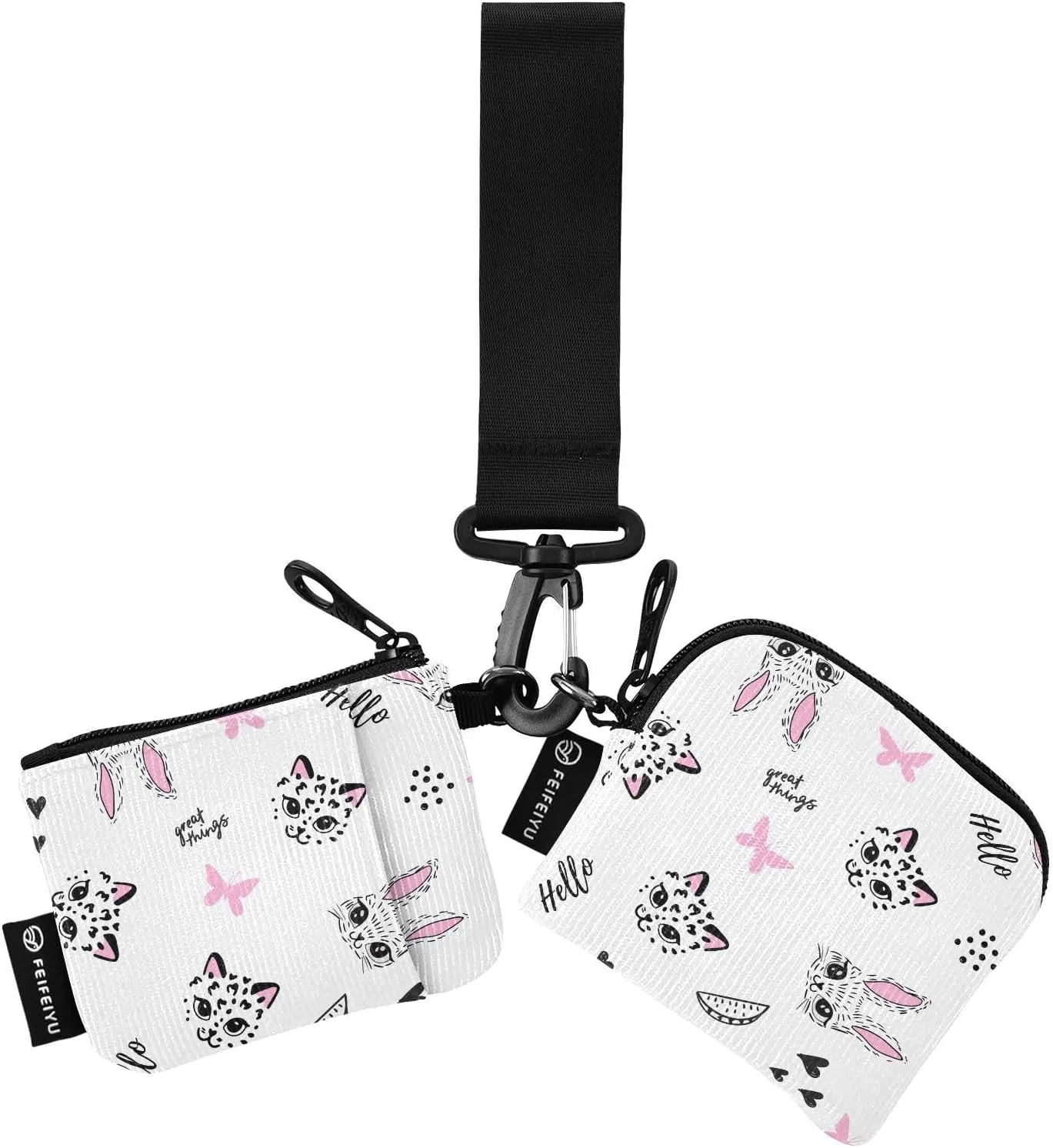 2PCS Coin Purse Wristlet Wallets Keychain Wallet Zip Around Portable Wallet with Detachable Dual Pouch Cat And Rabbit