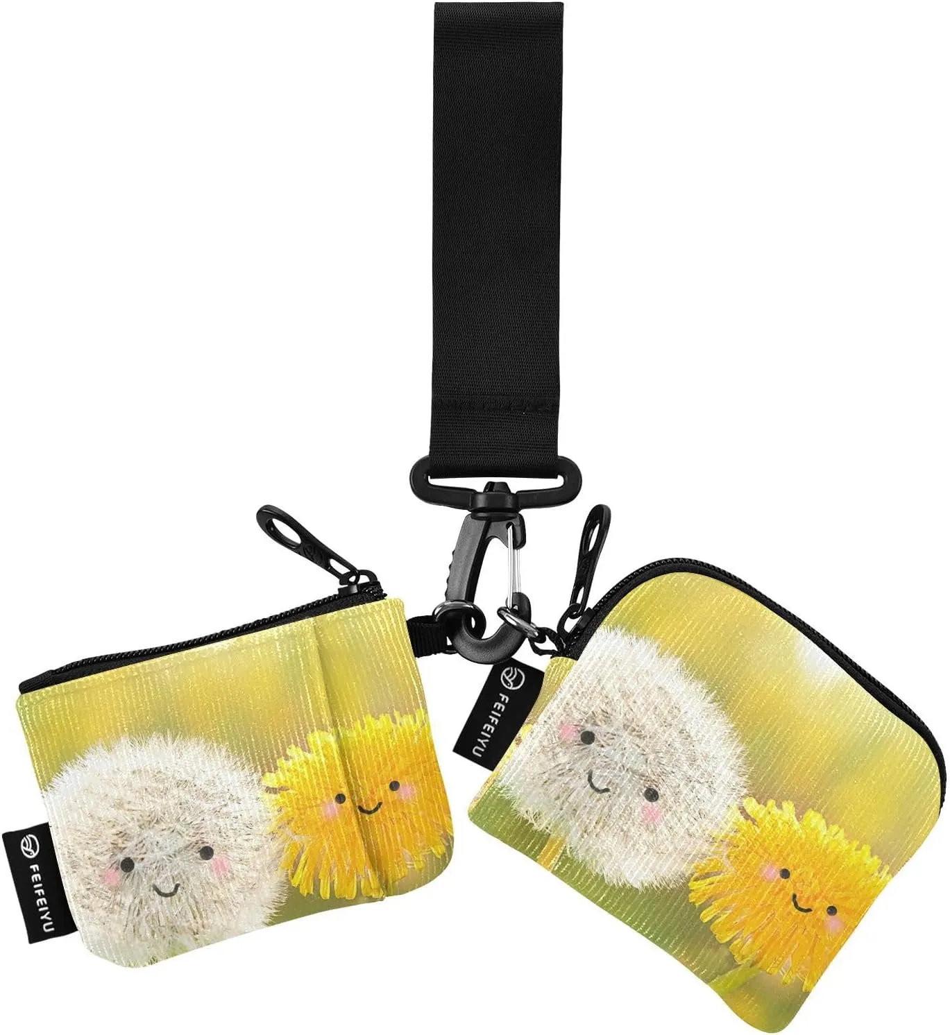 2PCS Coin Purse Wristlet Wallets Keychain Wallet Zip Around Portable Wallet with Detachable Dual Pouch Funny Flower
