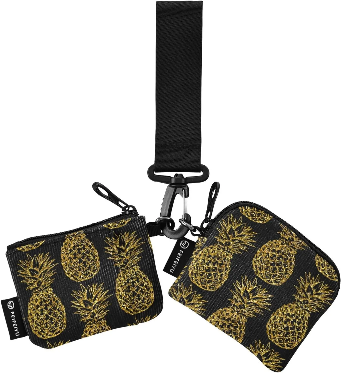 2PCS Coin Purse Wristlet Wallets Keychain Wallet Zip Around Portable Wallet with Detachable Dual Pouch Gold Pineapples