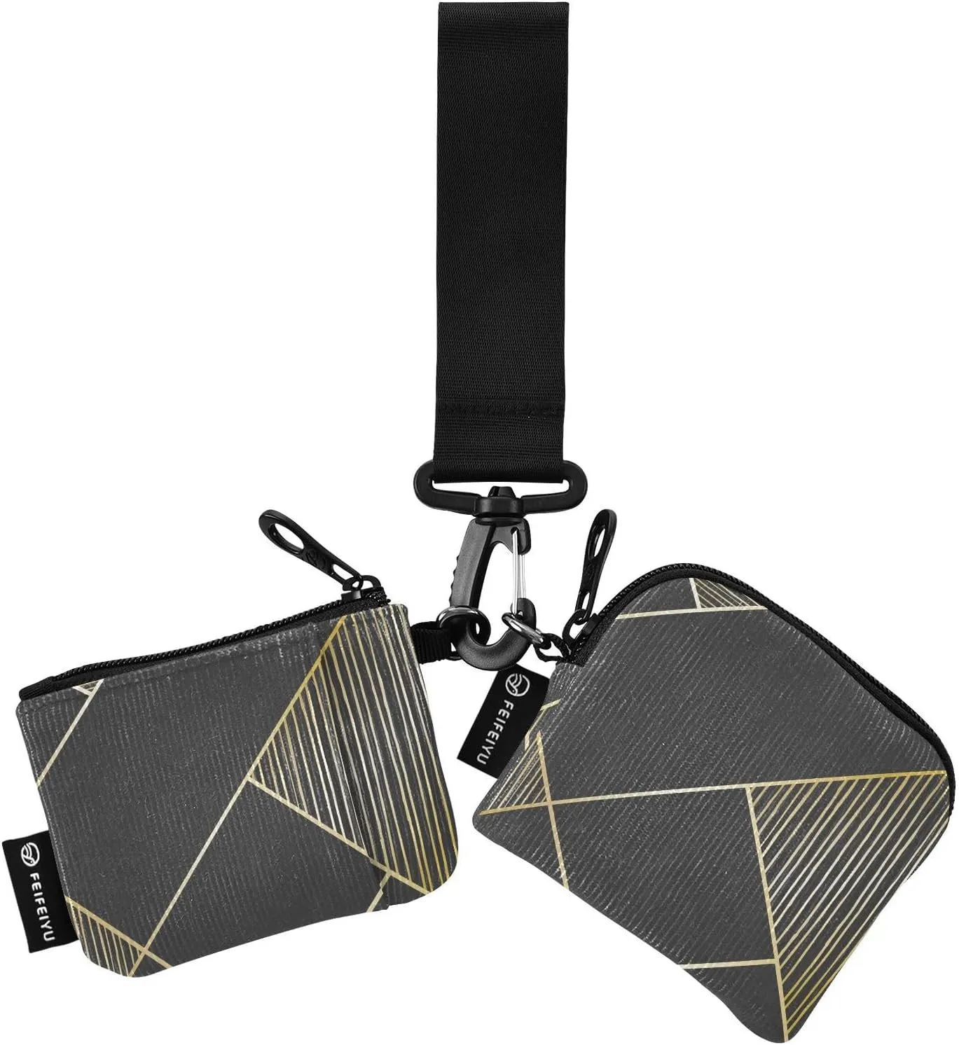 2PCS Coin Purse Wristlet Wallets Keychain Wallet Zip Around Portable Wallet with Detachable Dual Pouch Retro Black Gold Geometric