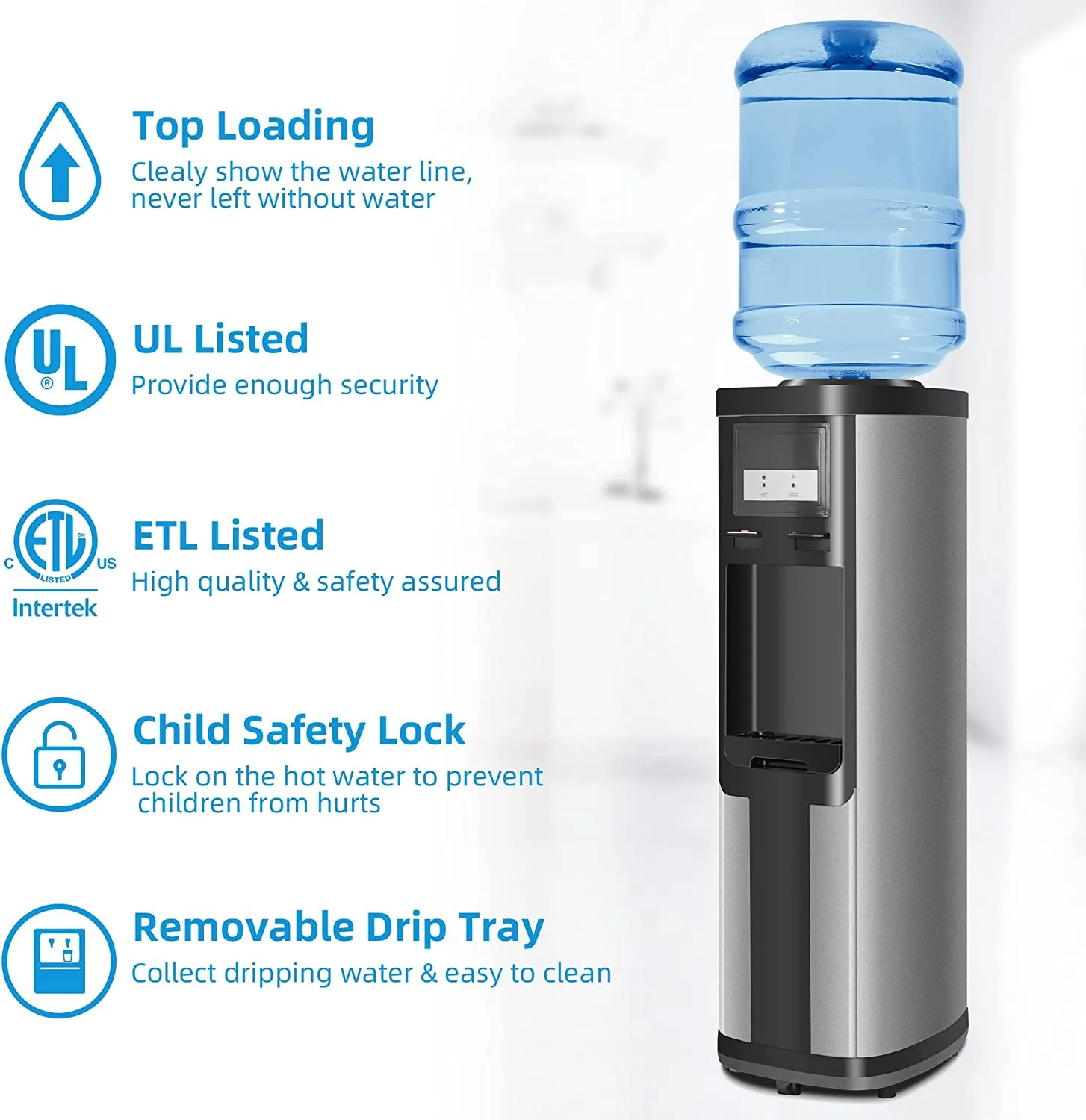 3-5 Gallon Top Loading Cold & Hot Water Dispenser, Black and Stainless Steel, ETL Listed, Child Safety Lock