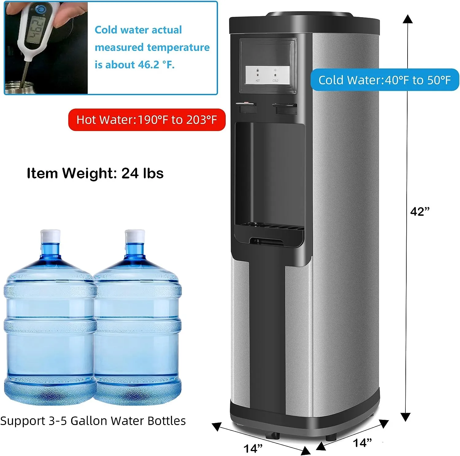 3-5 Gallon Top Loading Cold & Hot Water Dispenser, Black and Stainless Steel, ETL Listed, Child Safety Lock