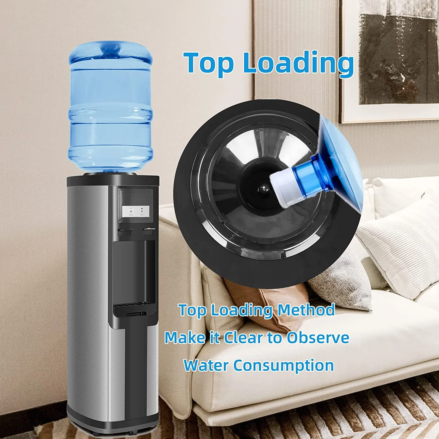 3-5 Gallon Top Loading Cold & Hot Water Dispenser, Black and Stainless Steel, ETL Listed, Child Safety Lock