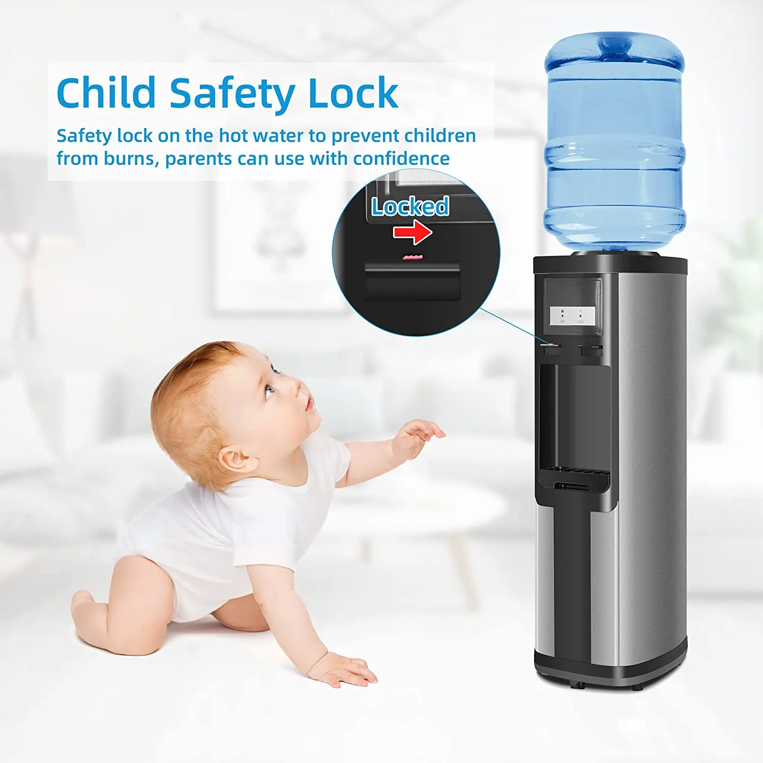 3-5 Gallon Top Loading Cold & Hot Water Dispenser, Black and Stainless Steel, ETL Listed, Child Safety Lock