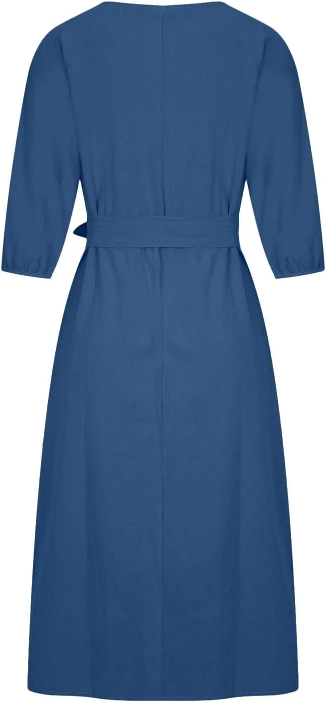 3/4 Sleeve Linen Dress for Women Tie Waist Midi Dress Casual Plus Size Summer Dresses Trendy Beach Vacation Outfits