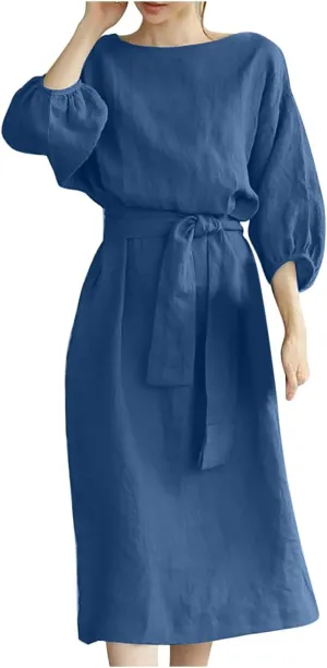 3/4 Sleeve Linen Dress for Women Tie Waist Midi Dress Casual Plus Size Summer Dresses Trendy Beach Vacation Outfits