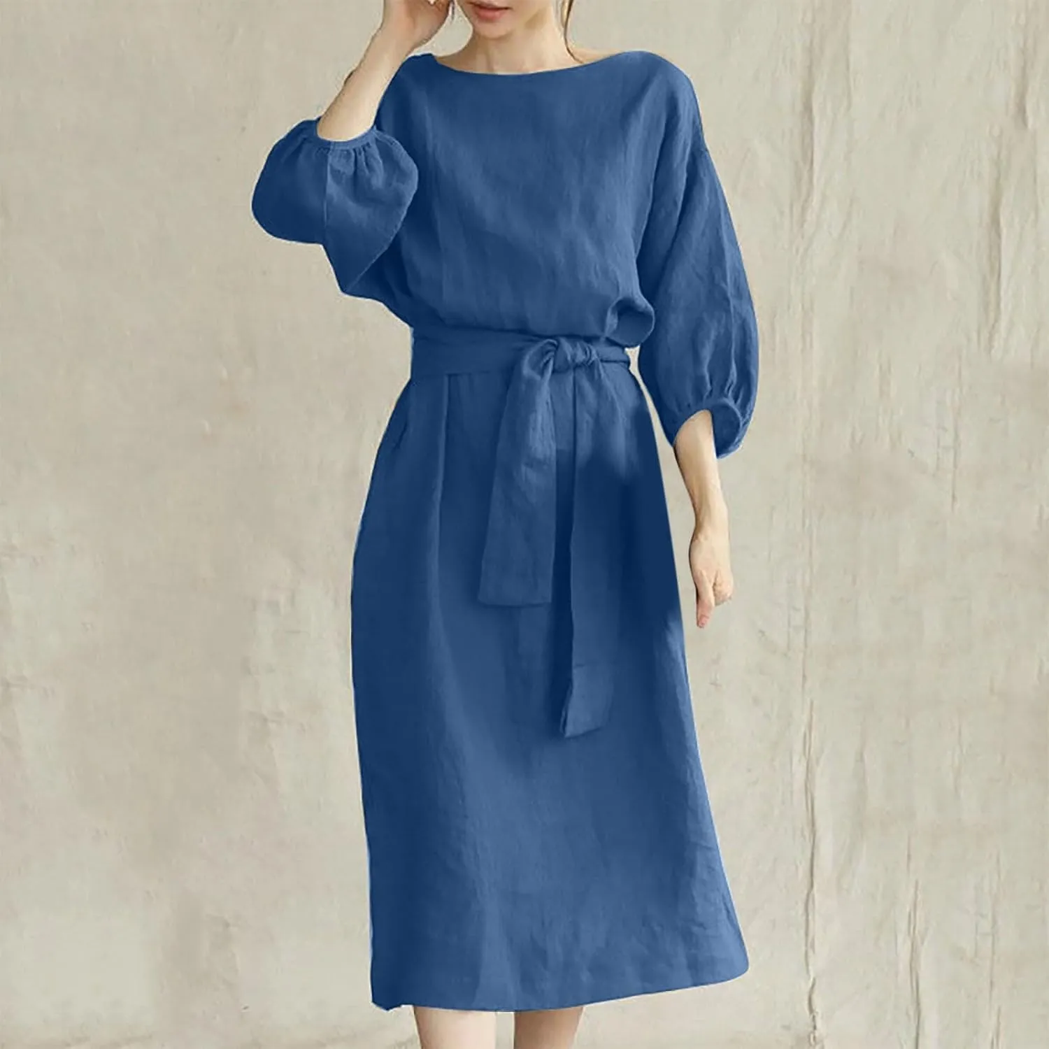 3/4 Sleeve Linen Dress for Women Tie Waist Midi Dress Casual Plus Size Summer Dresses Trendy Beach Vacation Outfits