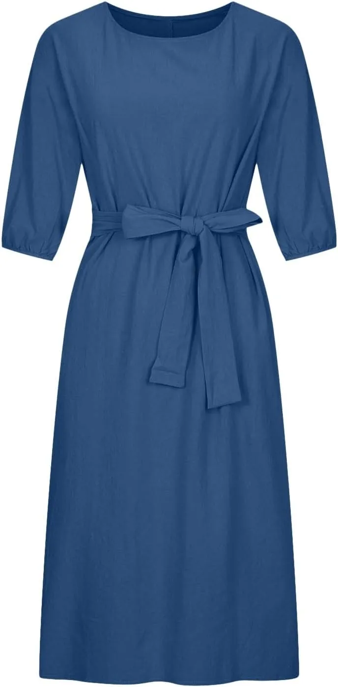 3/4 Sleeve Linen Dress for Women Tie Waist Midi Dress Casual Plus Size Summer Dresses Trendy Beach Vacation Outfits