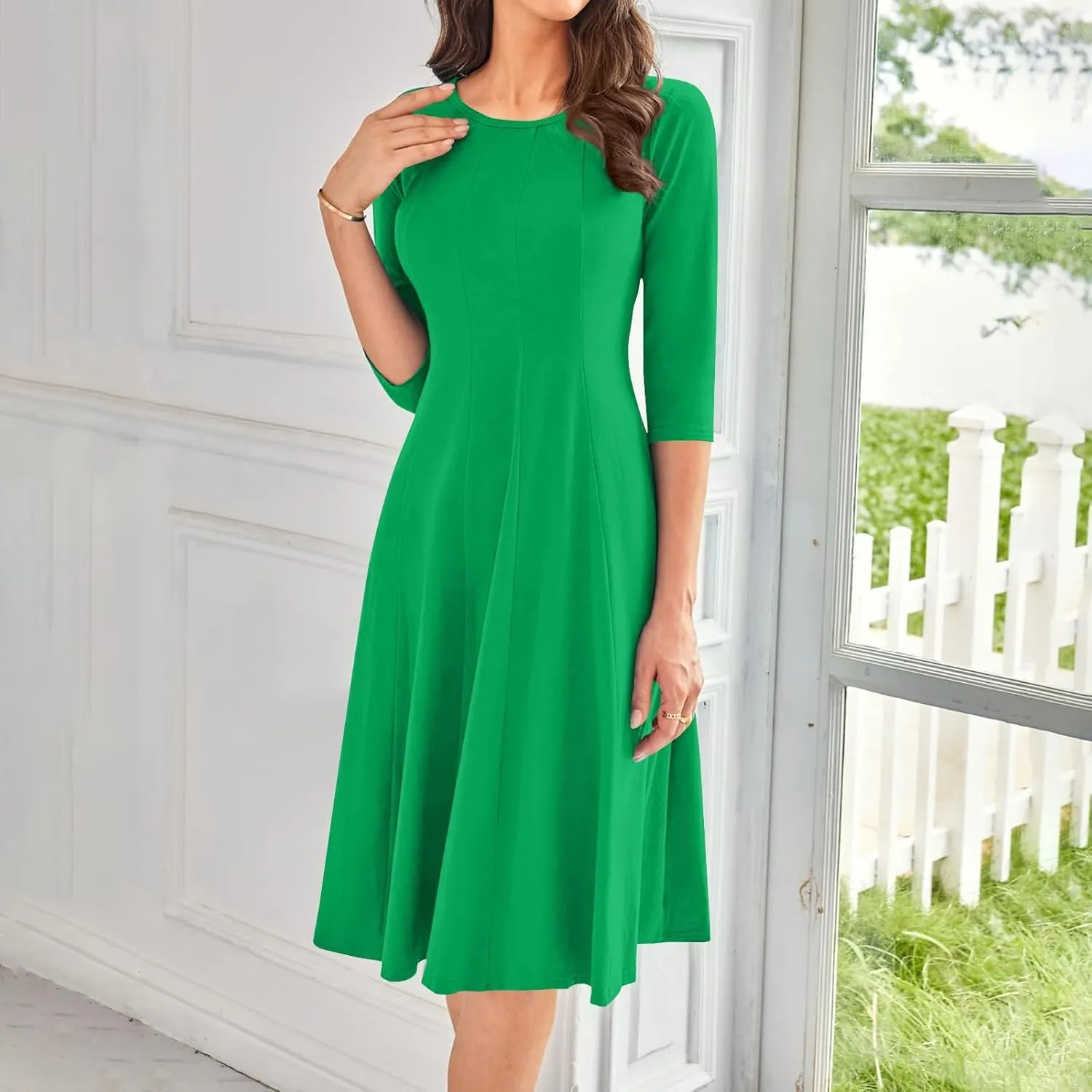 3/4 Sleeve Midi Dresses for Women 2024 Fashion Solid Color Pleated Dress Casual Plus Size Crewneck Dress with Pockets