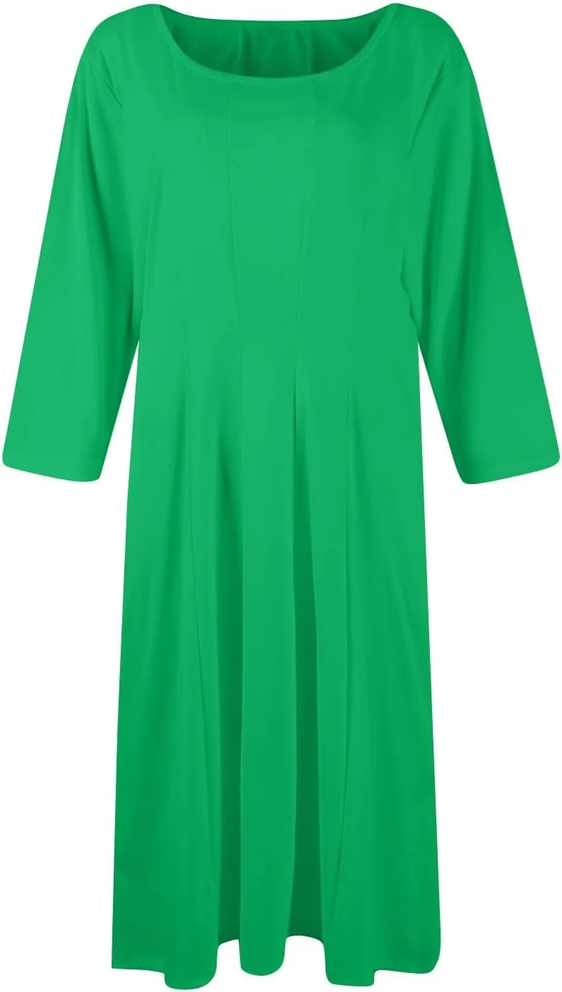 3/4 Sleeve Midi Dresses for Women 2024 Fashion Solid Color Pleated Dress Casual Plus Size Crewneck Dress with Pockets