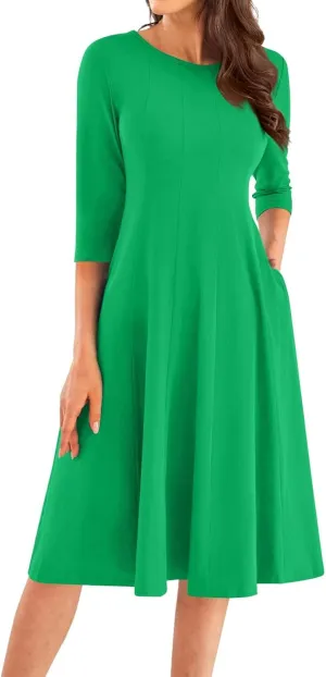 3/4 Sleeve Midi Dresses for Women 2024 Fashion Solid Color Pleated Dress Casual Plus Size Crewneck Dress with Pockets