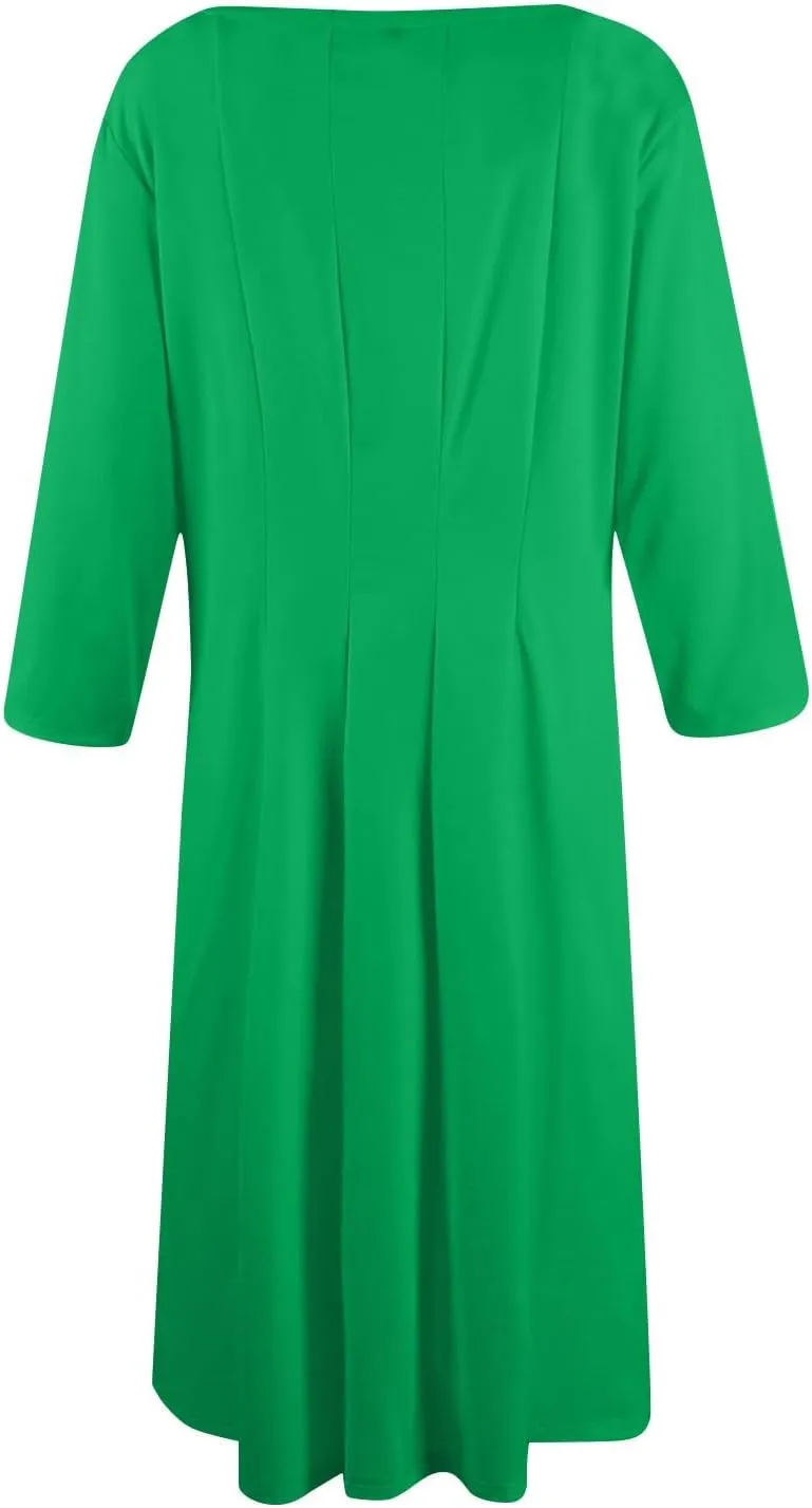 3/4 Sleeve Midi Dresses for Women 2024 Fashion Solid Color Pleated Dress Casual Plus Size Crewneck Dress with Pockets