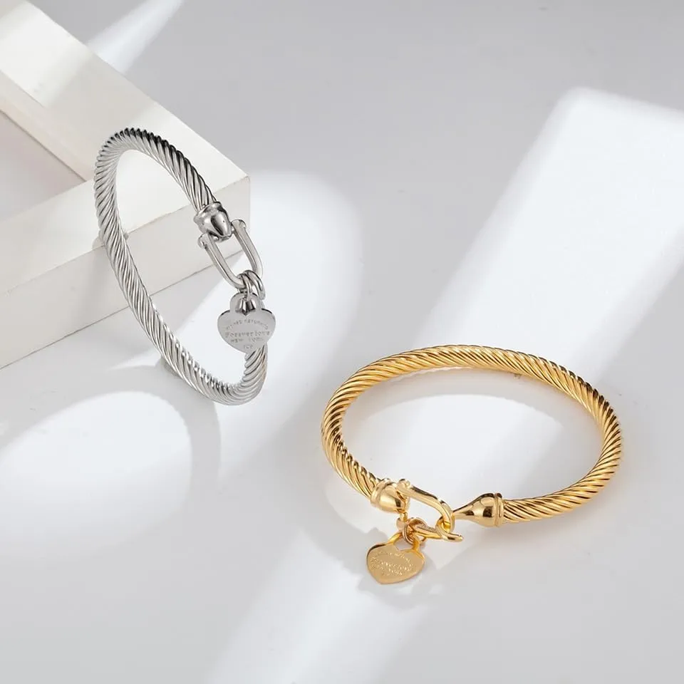 361L Titanium Stainless Steel Bangles Bracelets Charm Gold Color Cable Wire Cuff Heart Pendant Bracelet For Women Jewelry