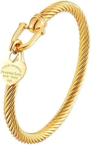 361L Titanium Stainless Steel Bangles Bracelets Charm Gold Color Cable Wire Cuff Heart Pendant Bracelet For Women Jewelry