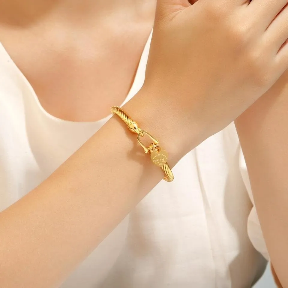 361L Titanium Stainless Steel Bangles Bracelets Charm Gold Color Cable Wire Cuff Heart Pendant Bracelet For Women Jewelry