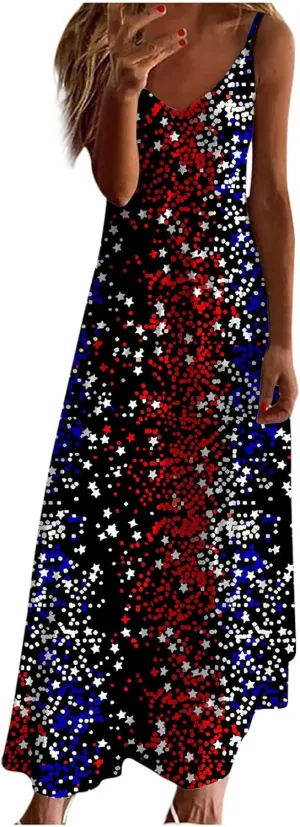 4th of July Dress for Women USA Flag Graphic Sundresses Stars Stripes Printed Independence Day Sleeveless Maxi Dress