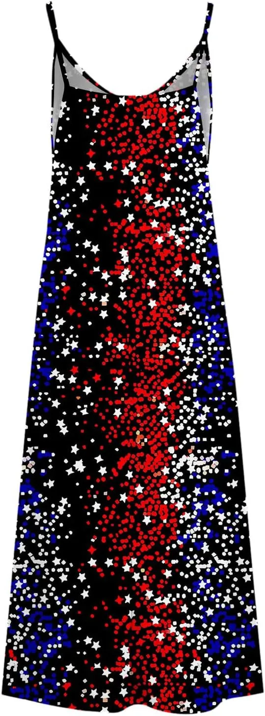 4th of July Dress for Women USA Flag Graphic Sundresses Stars Stripes Printed Independence Day Sleeveless Maxi Dress