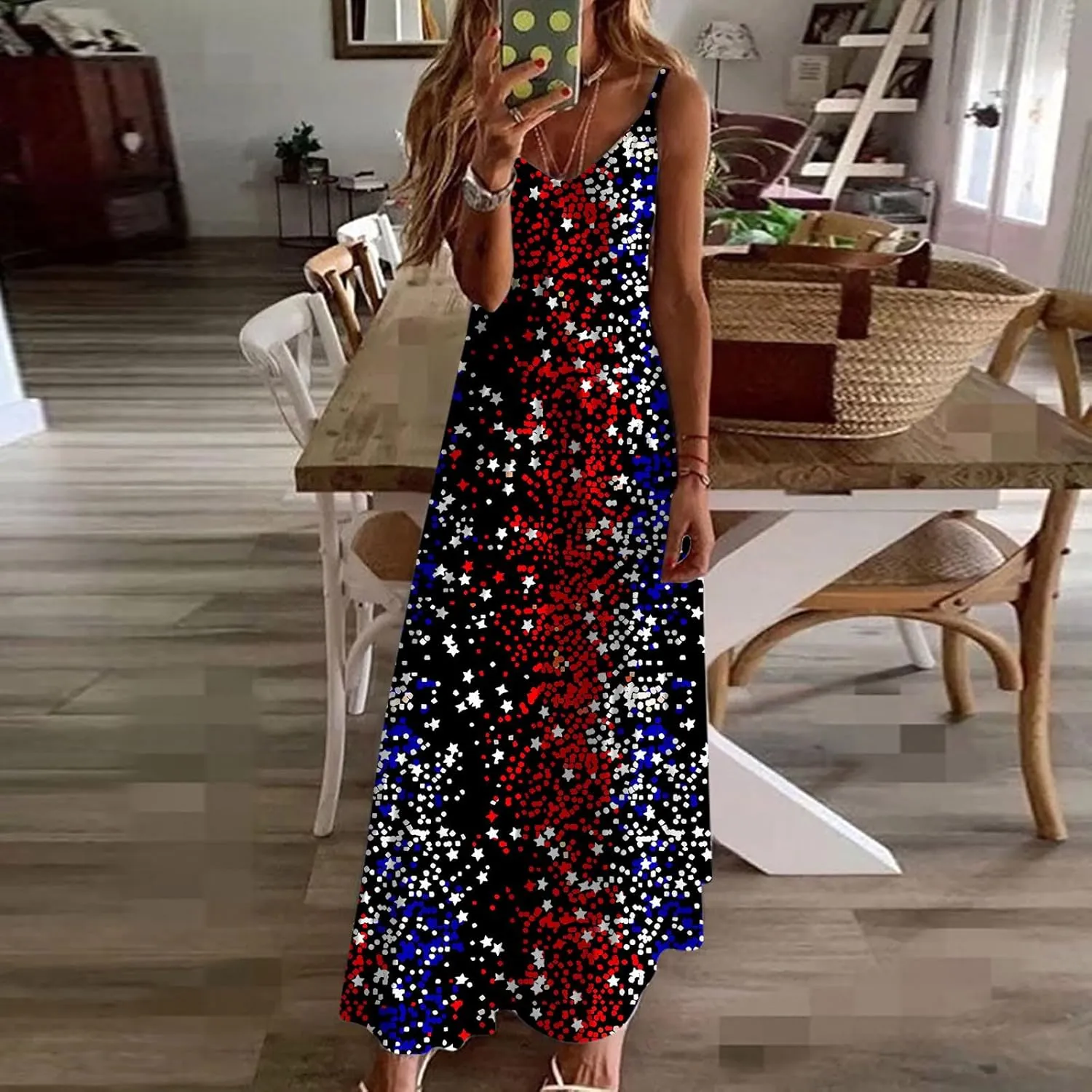 4th of July Dress for Women USA Flag Graphic Sundresses Stars Stripes Printed Independence Day Sleeveless Maxi Dress