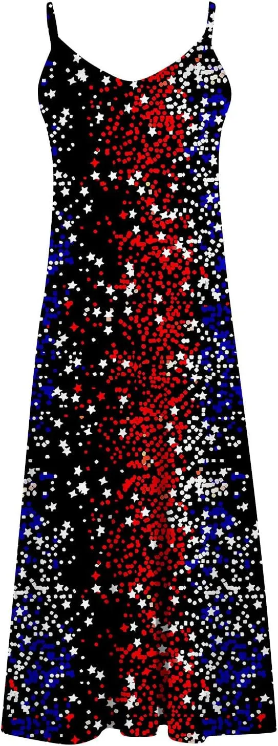 4th of July Dress for Women USA Flag Graphic Sundresses Stars Stripes Printed Independence Day Sleeveless Maxi Dress