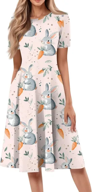 4th of July Dresses for Women midi red White and Blue Summer Dress Round Neck a line Short Sleeve Formal Dress Elegant