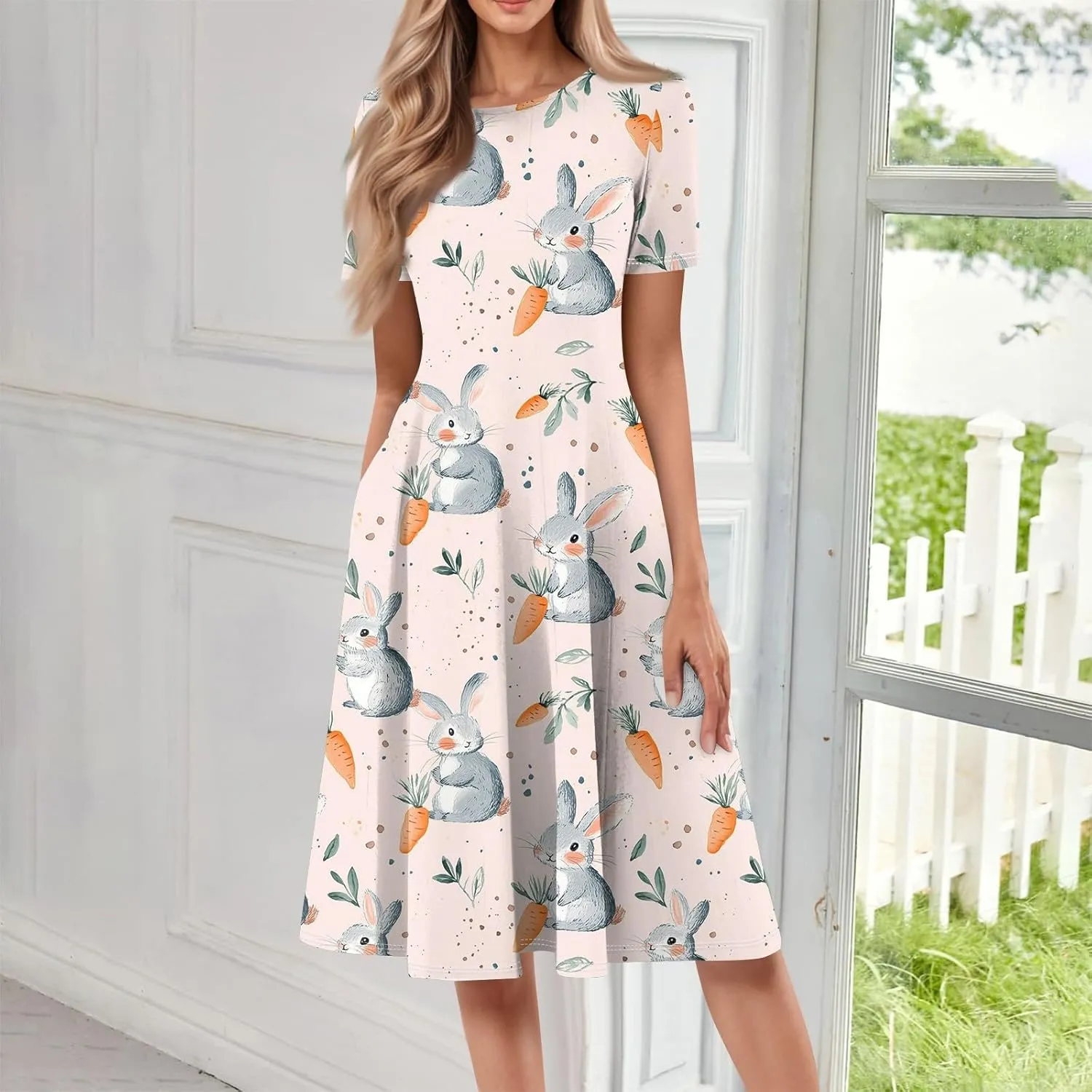 4th of July Dresses for Women midi red White and Blue Summer Dress Round Neck a line Short Sleeve Formal Dress Elegant