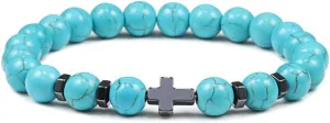 8mm Beads Cross Hematite Bracelet & Bangles Natural Black Lava Stone Charms Bracelets for Women Men Yoga Jewelry,Blue