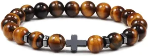 8mm Beads Cross Hematite Bracelet & Bangles Natural Black Lava Stone Charms Bracelets for Women Men Yoga Jewelry,Tiger Eye