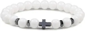 8mm Beads Cross Hematite Bracelet & Bangles Natural Black Lava Stone Charms Bracelets for Women Men Yoga Jewelry,white