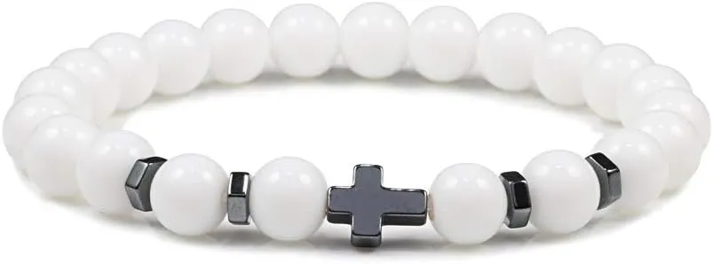 8mm Beads Cross Hematite Bracelet & Bangles Natural Black Lava Stone Charms Bracelets for Women Men Yoga Jewelry,white