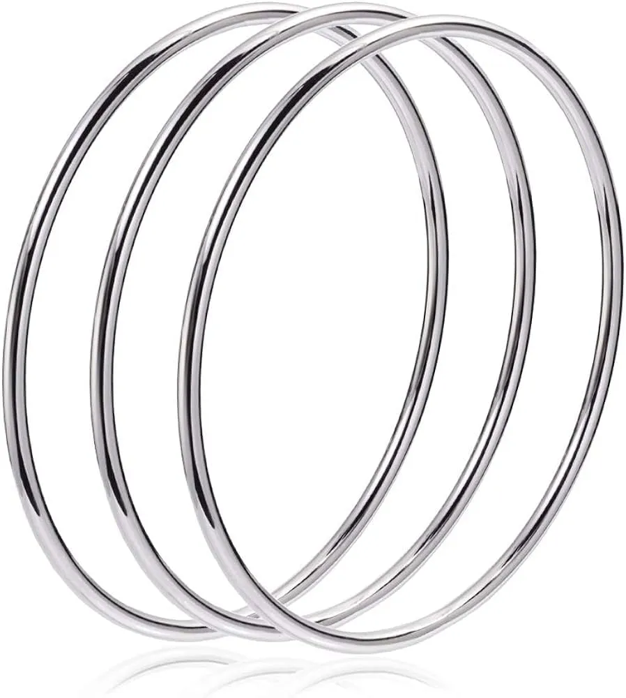 925 Sterling Silver Handicrafted Bangles For Women, Slender Skinny Stackable Bangles,Round Bangles, Stacking Bracelets, Set of 3 Handmade Bangles BY ISHU JEWELLER (Silver, 9.5 inch)
