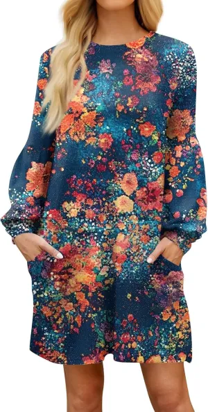 ADHOWBEW Summer Dresses for Women 2025 Long Sleeve Trendy Plus Size Sexy Casual Round Neck Midi Dresses