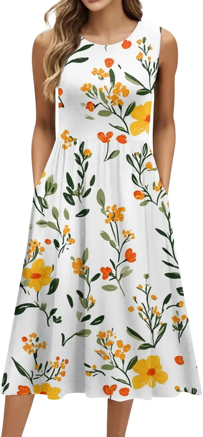 ADHOWBEW Summer Dresses for Women 2025 Plus Size Sleeveless Casual Sexy Round Neck Flowy Vacation Dresses