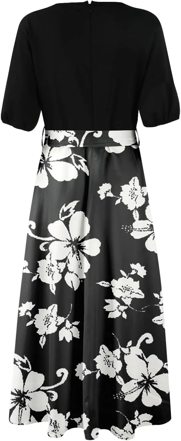 ADHOWBEW Women Dresses 2025 Vacation Boho Short Sleeve Split A Line Flowy Beach Sexy Plus Size V Neck Wrap Maxi Dress