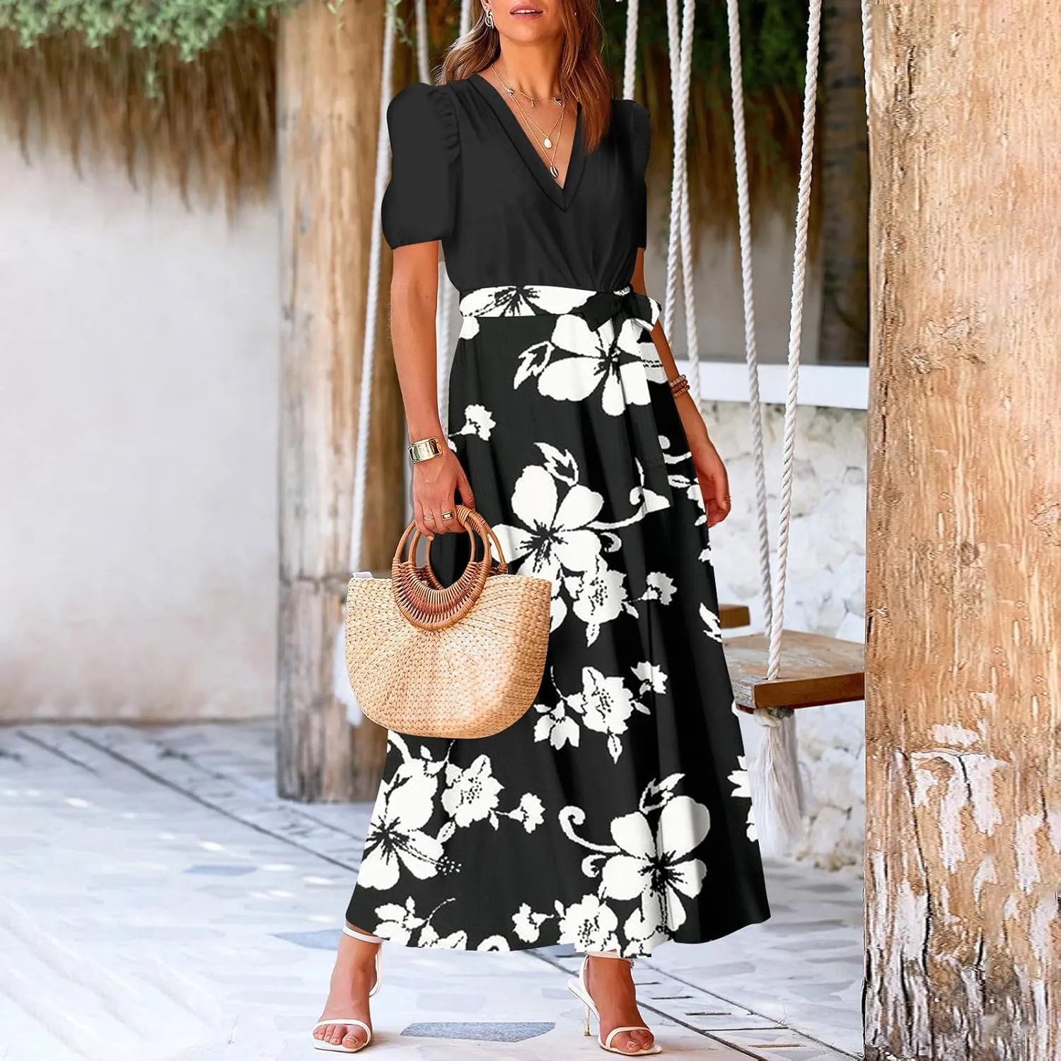 ADHOWBEW Women Dresses 2025 Vacation Boho Short Sleeve Split A Line Flowy Beach Sexy Plus Size V Neck Wrap Maxi Dress
