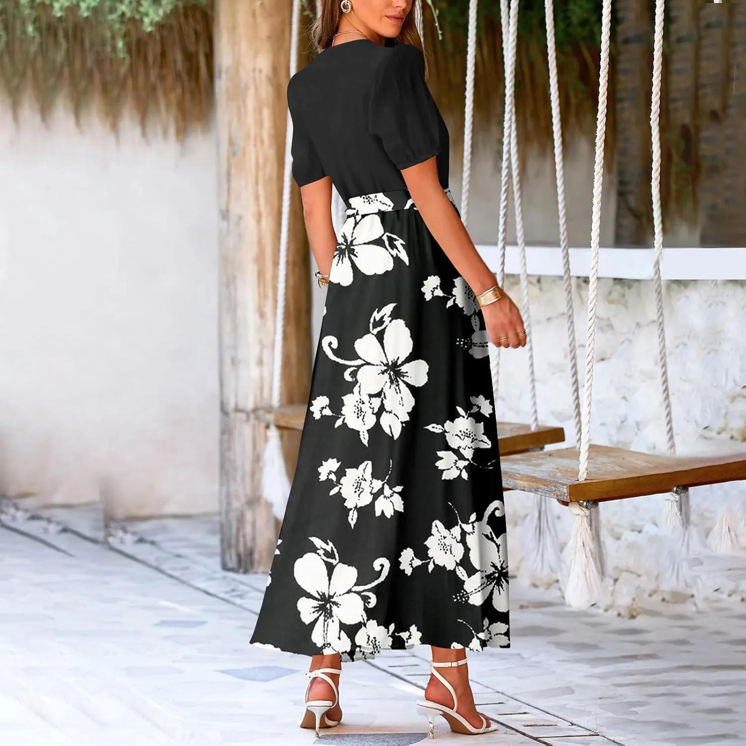ADHOWBEW Women Dresses 2025 Vacation Boho Short Sleeve Split A Line Flowy Beach Sexy Plus Size V Neck Wrap Maxi Dress